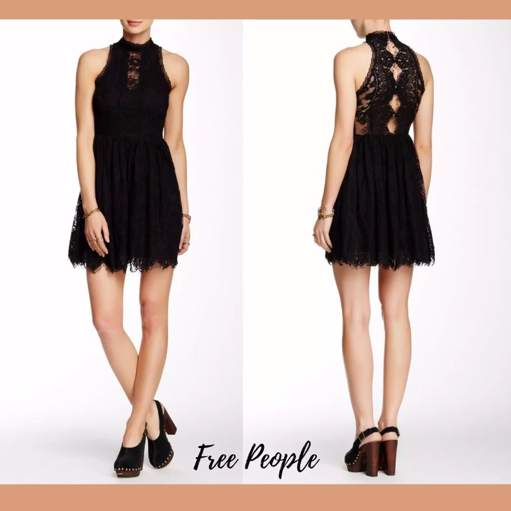 Free People Verushka Black Floral Lace Little Black Dress sz 2 Wednesday Adams